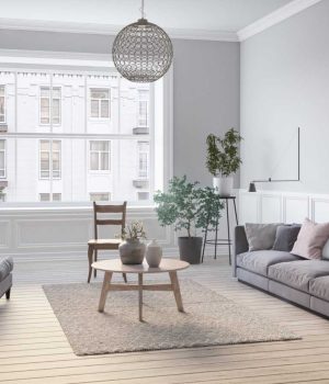 Scandinavian interior design living room 3d render with gary colored furniture